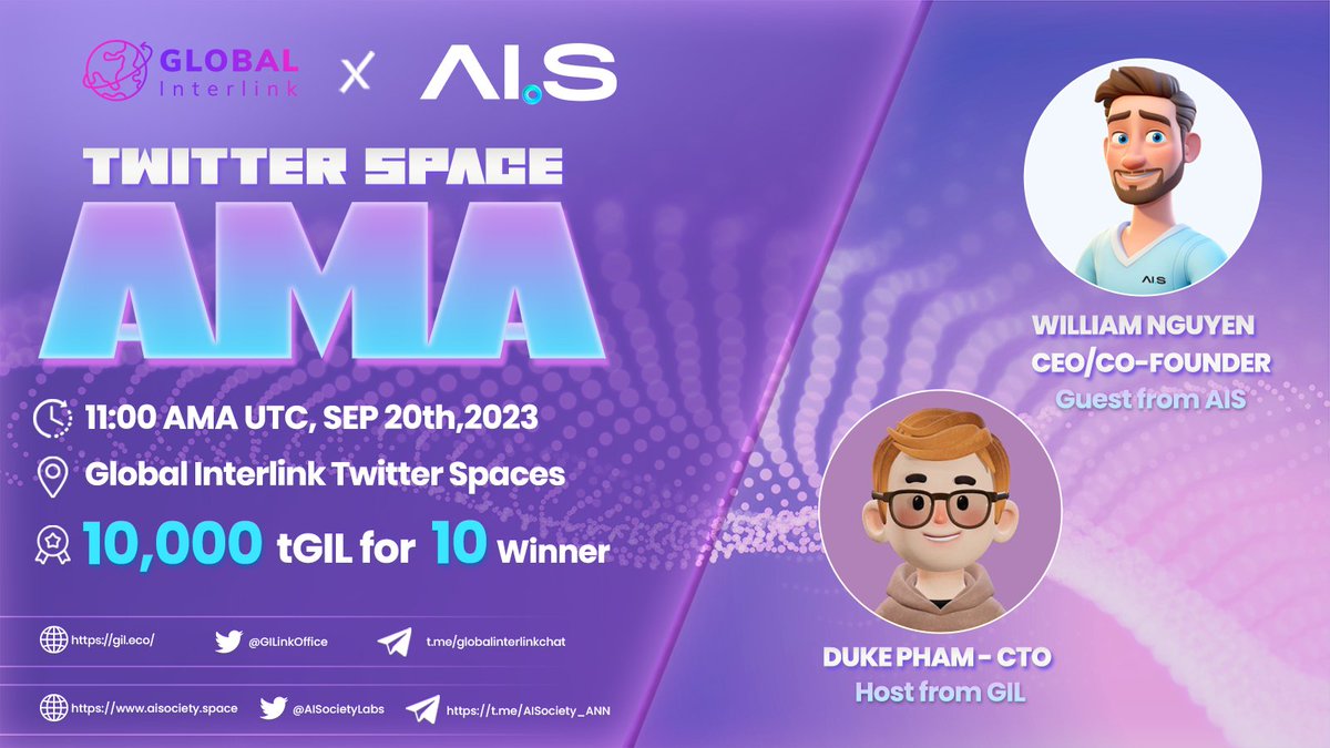 GILinkOffice's tweet photo. 🔊#AMA14: @GILinkOffice X @AISocietyLabs🔊
💁🏻♂️TOPIC: INTRODUCTION TO AI.Society and AI.S.Node 💎
⏰11:00 AM UTC Sep 20th, 2023
📍 https://t.co/nIK5B7sCO6
💰Prize: 10,000tGIL for 10 winner
How participate👇
✅Follow @GILinkOffice & @AISocietyLabs
✅❤️, RT & Tag 3 friends
✅Ask questions on twitter post and during AMA14
#GIL #BNB #opBNB #AIS #AMA