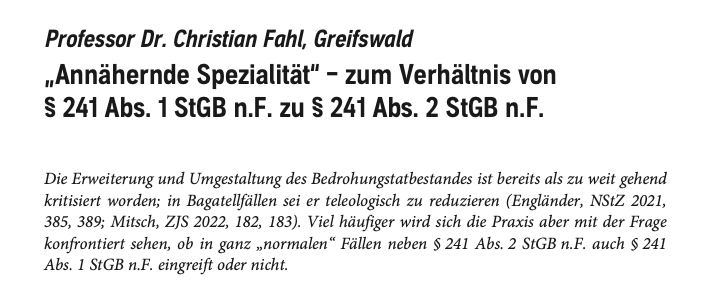 GA_Strafrecht's tweet photo. GA 2023-09: Christian Fahl, "Annähernde Spezialität" - zum Verhältnis von § 241 Abs. 1 StGB n.F. zu § 241 Abs. 2 StGB n.F. https://t.co/opP0yZQ6Iw