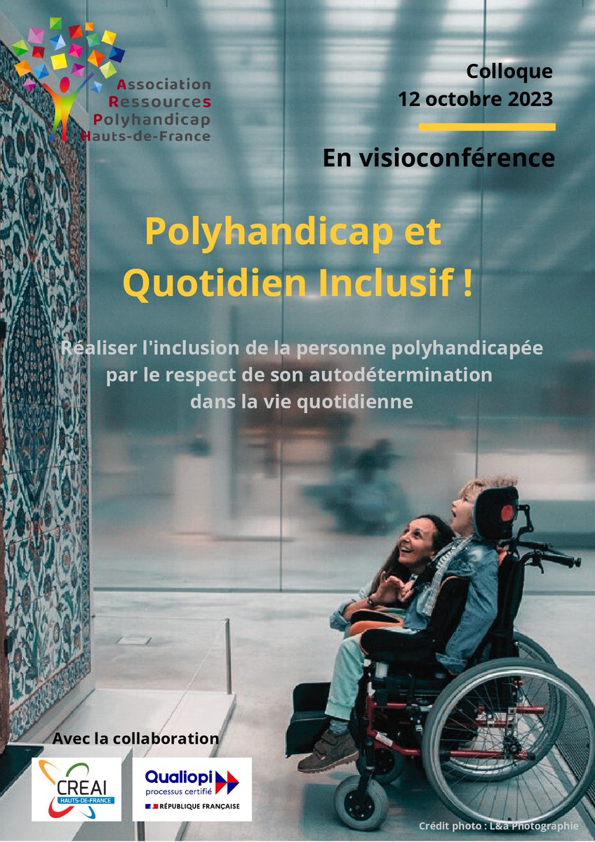 📢 [Visioconférence] Colloque « Polyhandicap et quotidien inclusif » le 12 octobre 2023. 

😲 Vous n’êtes pas encore inscrits au colloque ? N’attendez plus, vous avez jusqu’au 29 septembre ❗ 

 👉 Inscription en ligne lnkd.in/djFCG9cB 

#polyhandicap #inclusion