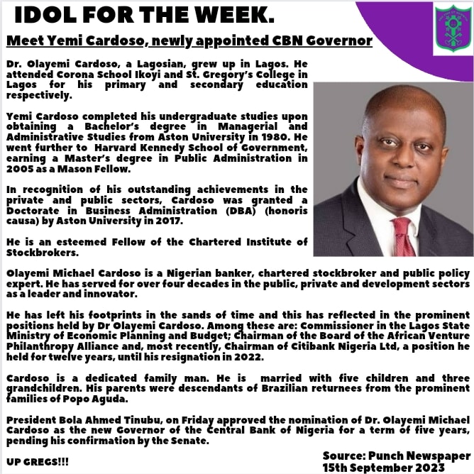 Idol for the week, Dr. Olayemi Cardoso

#yemicardoso #punchnewspapers #coronaschool #stgregoryscollege #catholicschools #officeofthepresident #AsianCup2023