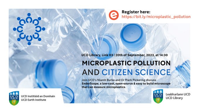 UCD Library and UCD Earth Institute host a Citizen Science event in the James Joyce Library on Wednesday, 20 September. Microplastic pollution and citizen science. Graphic shows plastic bottles with blue tops.