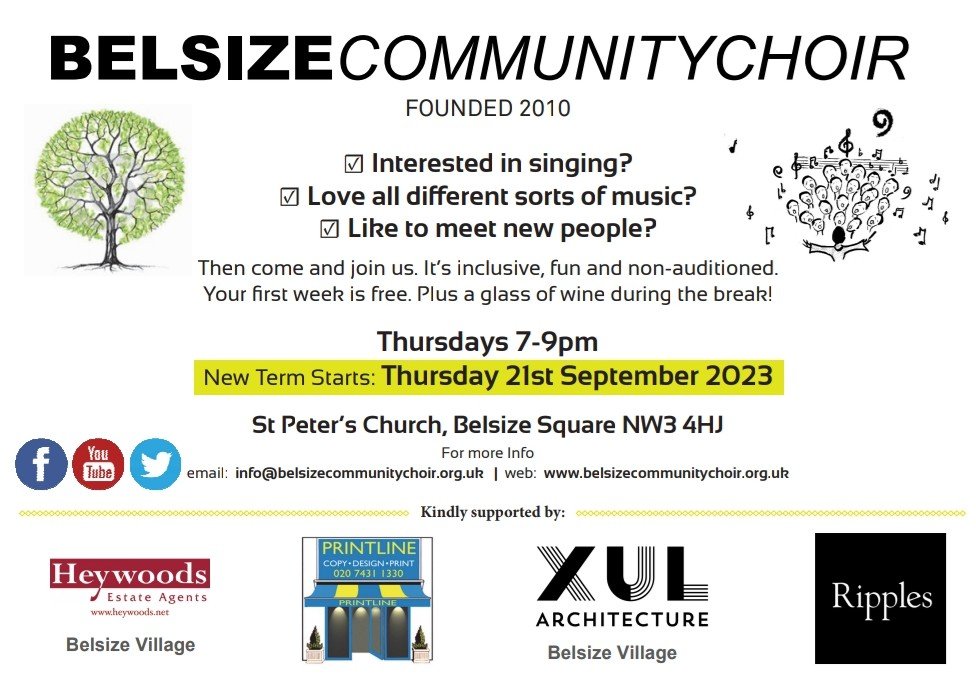 Belsize Community Choir is back! Join us this Thursday at 7pm at St Peter's Church, Belsize Square, for the new term. All are welcome and your first session is free!