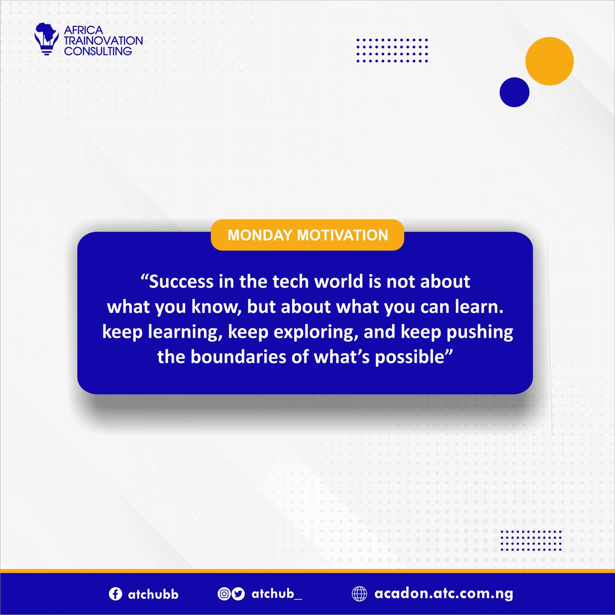 atchub_'s tweet photo. "🌟 Embrace the Tech Journey 🌟
Success in the tech world isn't just about what you know; it's about your hunger to learn, explore, and push boundaries. Keep that curiosity alive! 💡💪 #TechJourney #NeverStopLearning #mondaymotivation #TechCareer #ZeroToHero" #Learning #ATCHUB https://t.co/hiqIlqPlMz