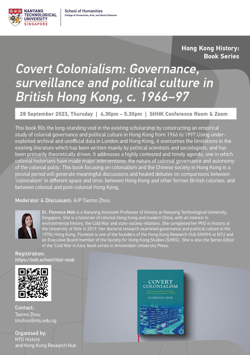 For those that have missed my book talk in Hong Kong, don't worry– there will be a second one in Singapore next week (28 September, 4:30-5:30 p.m.), organised by @hkresearchhub and @NTUHistory ! The talk will be moderated by @taomo_zhou! Register at: soh.school/hist-mok