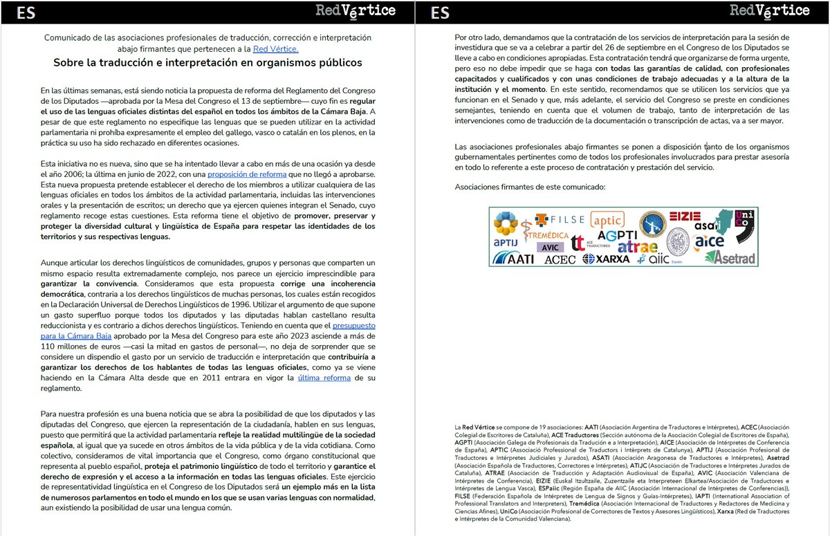 Comunicado multilingüe de todas las asociaciones que integran la <a href="/Red_Vertice/">Red Vértice</a> sobre la #traducción e #interpretación en organismos públicos: redvertice.org #1nt
