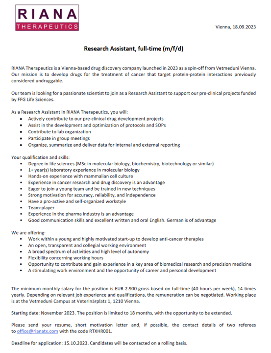 RIANAThera's tweet photo. We are hiring! Please share! https://t.co/9jhhCVzxkc