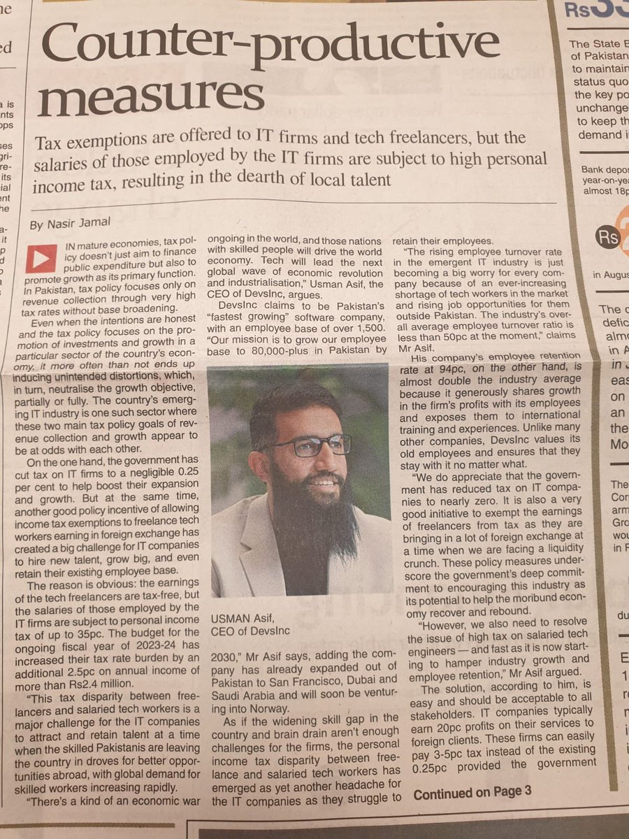 UAsifOfficial's tweet photo. We’re raising our voices against the unfair high taxation on salaried employees and suggesting the government to charge the IT companies slightly more tax but make employees tax exempted. My interview regarding that got published in todays Dawn news. Please share it to raise your voice too. 

https://t.co/NDyJaa3shh
