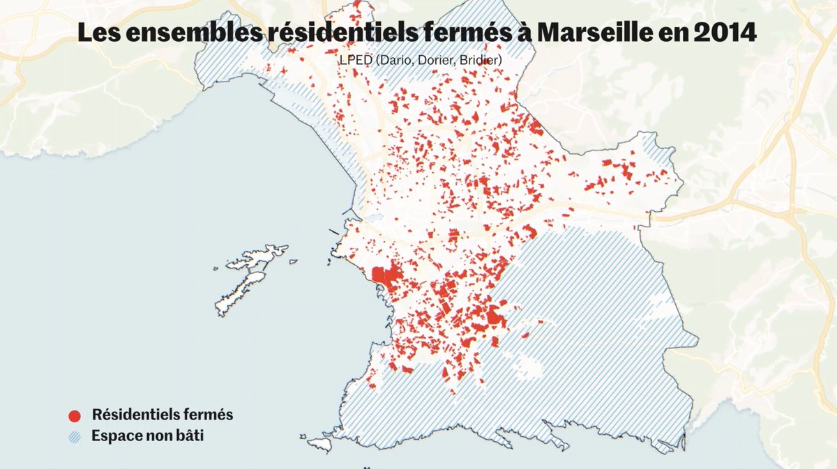 🗺️ Sur cette carte de Marseille, les zones rouges sont des "gated communities". Des espaces clôturés, privatisés, fermés au public

Le phénomène est massif : 1 logement sur 3 est ainsi coupé du reste de la ville

▶️ <a href="/lemondefr/">Le Monde</a> s'est penché sur la question youtu.be/55jwe0P0y7c