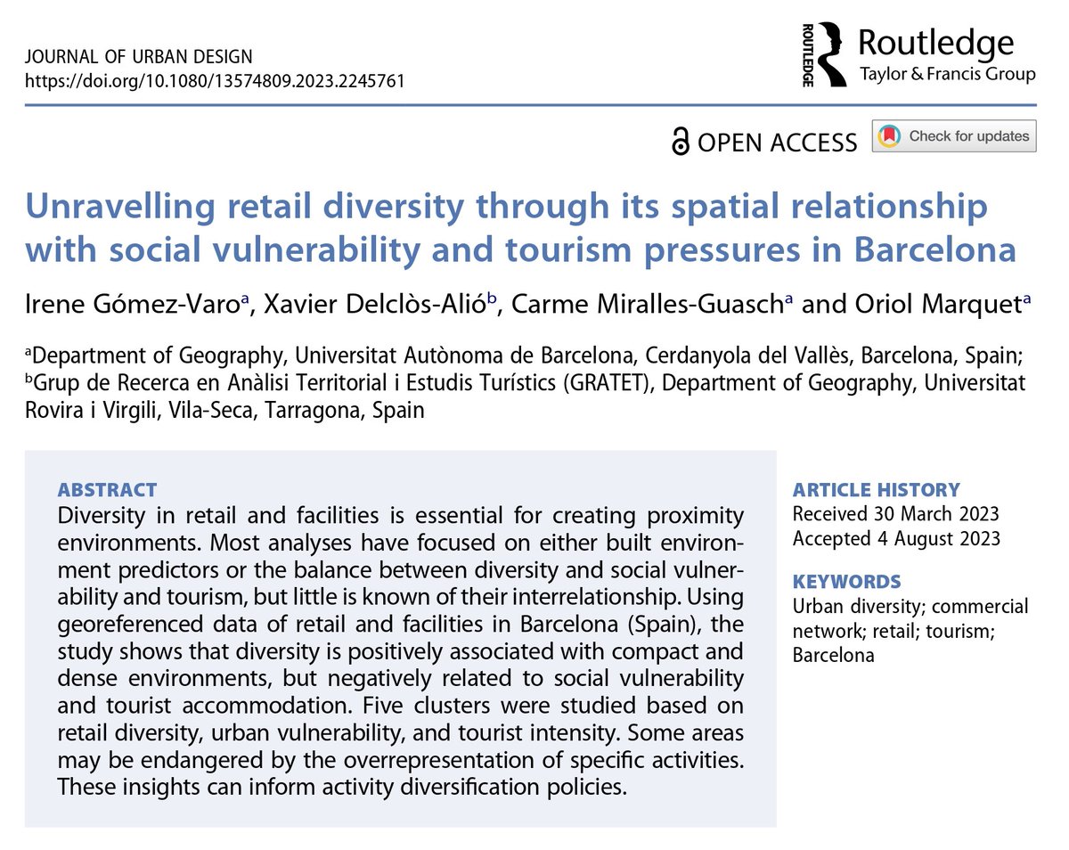 Diversity in our city isn't uniform; it varies across retail &amp; facility networks due to local built environment conditions and broader city-level factors like vulnerability &amp; tourism. 

We explored these nuances in our latest publication🗞️:

www-tandfonline-com.are.uab.cat/doi/full/10.10…
