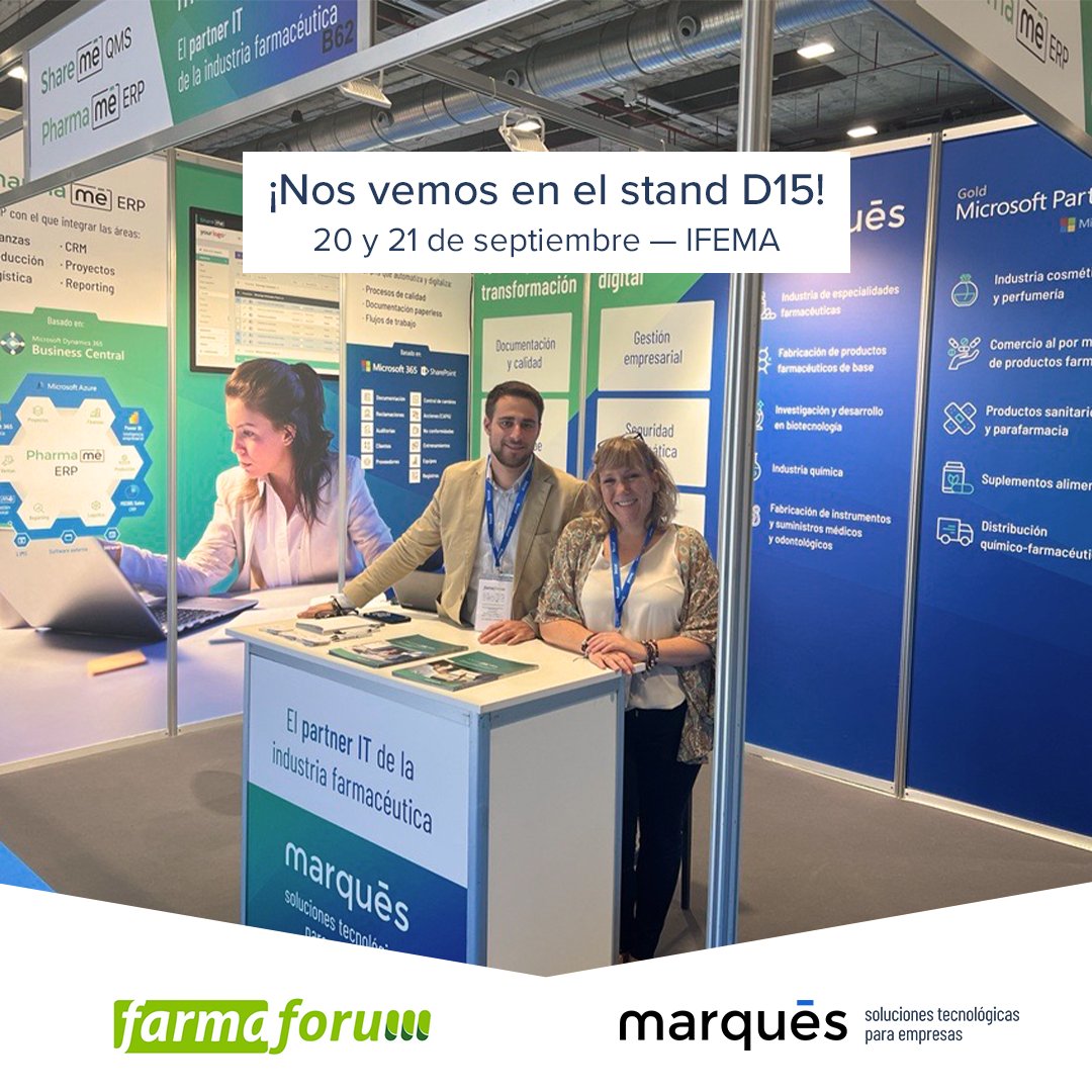 Marqués | Soluciones Tecnológicas para Empresas (@marquesme_) on Twitter photo ¡Pasado mañana nos vemos en la IX edición de <a href="/farmaforum/">Farmaforum</a>!
🙋♂️ Ven a visitarnos y conoce las últimas novedades de nuestras soluciones 𝗦𝗵𝗮𝗿𝗲𝗠𝗲 #𝗤𝗠𝗦 y 𝗣𝗵𝗮𝗿𝗺𝗮𝗠𝗲 #𝗘𝗥𝗣 para la industria químico-farmacéutica.
✅ Stand D15
🗓 20 y 21 de septiembre
📍 <a href="/IFEMA/">IFEMA MADRID</a> #MADRID ¡Pasado mañana nos vemos en la IX edición de <a href="/farmaforum/">Farmaforum</a>!
🙋♂️ Ven a visitarnos y conoce las últimas novedades de nuestras soluciones 𝗦𝗵𝗮𝗿𝗲𝗠𝗲 #𝗤𝗠𝗦 y 𝗣𝗵𝗮𝗿𝗺𝗮𝗠𝗲 #𝗘𝗥𝗣 para la industria químico-farmacéutica.
✅ Stand D15
🗓 20 y 21 de septiembre
📍 <a href="/IFEMA/">IFEMA MADRID</a> #MADRID