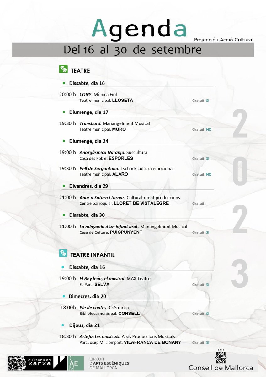 culturamallorca's tweet photo. ✨🍁 Amb un peu dins de la tardor, la nostra agenda cultural arriba plena a vessar d'activitats 😊😊

🎭🎼📚Propostes del 15 al 30 de setembre, incloses dins el Catàleg d'Activitats Culturals del @ConselldeMca , el #CACIM

T'hi apuntes?😉

(fil)👇 https://t.co/EQuzH01V1y