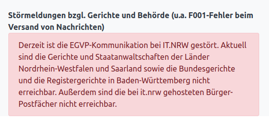 Nach wie vor: EGVP-Störung in NRW. Weitere Infos und Updates unter bea.expert/bea-stoerung/ #beA #beastörung