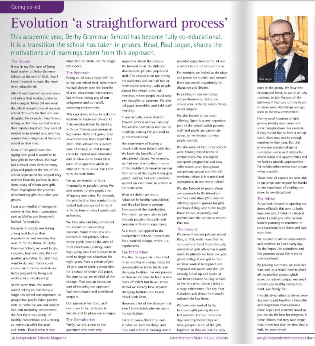 DerbyGrammar's tweet photo. Great piece in this month’s Independent Schools Magazine featuring our Head, Paul Logan, discussing the move to being fully co-educational from the start of this academic year.
You can read more on p36-37: https://t.co/GO01u122po
#DGSfamily #coeducational #whereyoubelong https://t.co/oi2HMz4kXO