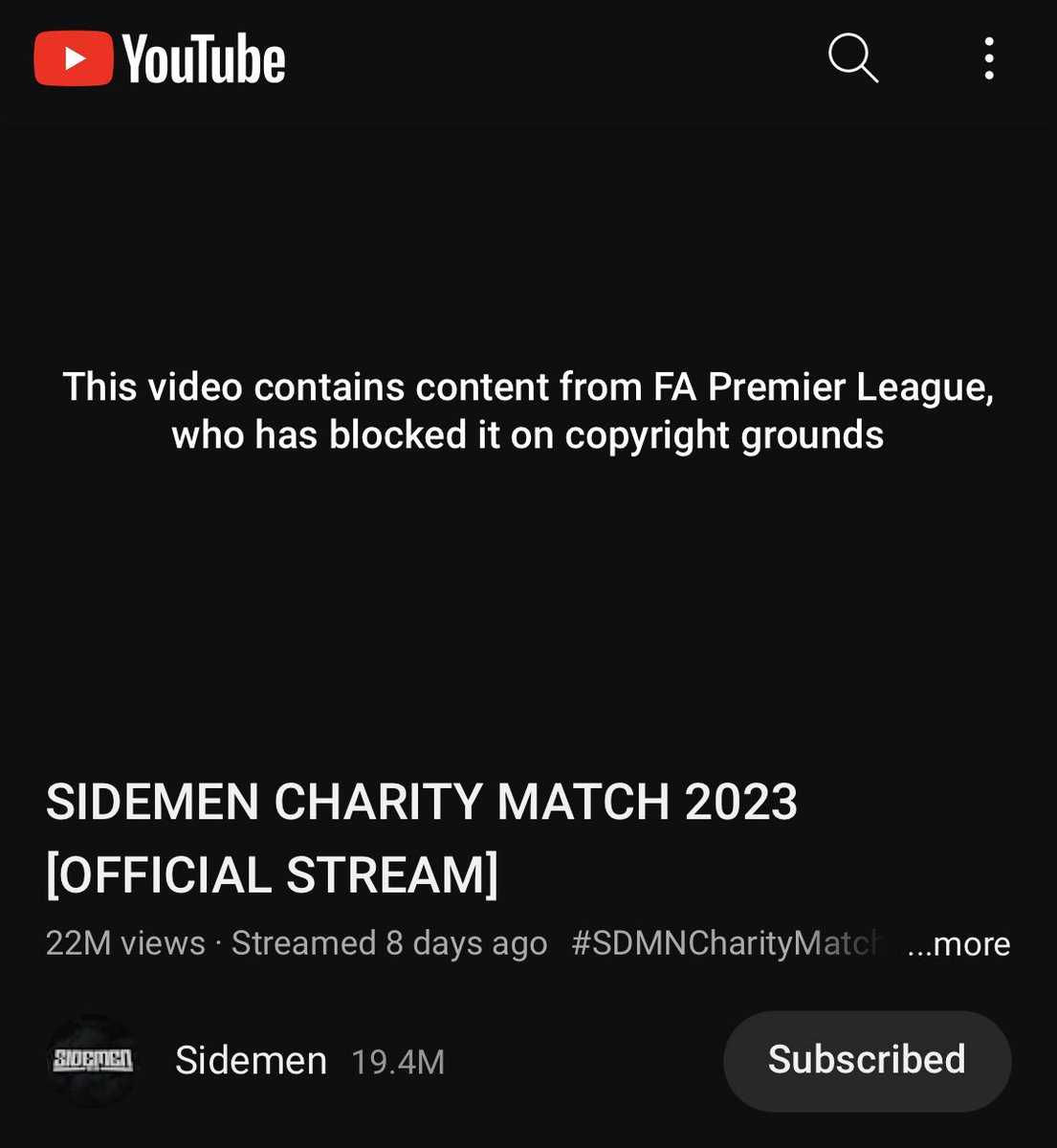 PostlightX's tweet photo. The Sidemen Charity Match livestream has been copyright striked… https://t.co/1H8iX3PX48