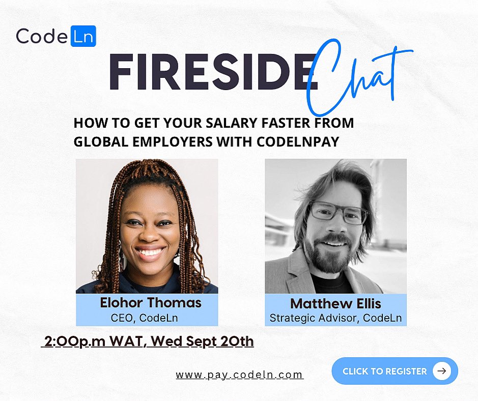 We are excited about our Fireside chat this Wednesday 💃🏾

Come and discover how to collect your income faster via foreign currency, local currency, or crypto.

Where: Zoom
Time: 2p.m WAT
Date: 20th Sept, 2023 (This Wednesday)

Click to register below:
docs.google.com/forms/d/e/1FAI…