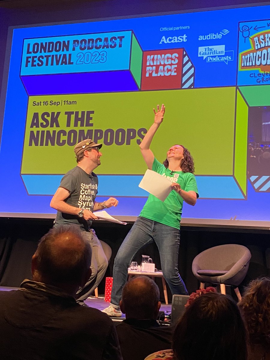 What a delight to see the sedate, wise and restrained @AndyStanton15 and @quinlan_carrie in full @nincompoopspod action at @LondonPodFest on Saturday! 🤩