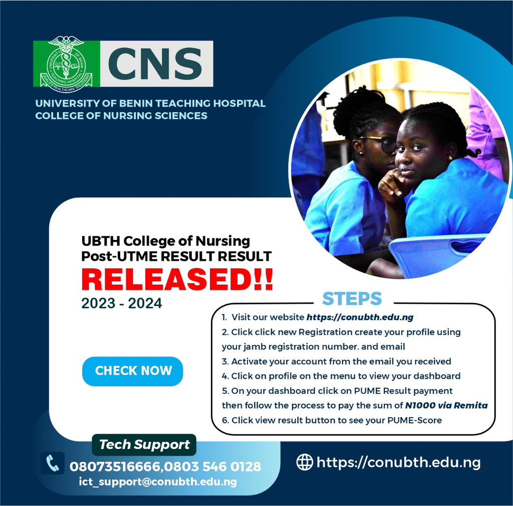 ubthng's tweet photo. 𝗨𝗻𝗶𝘃𝗲𝗿𝘀𝗶𝘁𝘆 𝗼𝗳 𝗕𝗲𝗻𝗶𝗻 𝗧𝗲𝗮𝗰𝗵𝗶𝗻𝗴 𝗛𝗼𝘀𝗽𝗶𝘁𝗮𝗹 𝗖𝗼𝗹𝗹𝗲𝗴𝗲 𝗼𝗳 𝗡𝘂𝗿𝘀𝗶𝗻𝗴 𝗣𝗼𝘀𝘁-𝗨𝗧𝗠𝗘 𝗥𝗲𝘀𝘂𝗹𝘁𝘀 𝗳𝗼𝗿 𝟮𝟬𝟮𝟯/𝟮𝟰 𝗦𝗲𝘀𝘀𝗶𝗼𝗻 𝗔𝗿𝗲 𝗡𝗼𝘄 𝗔𝘃𝗮𝗶𝗹𝗮𝗯𝗹𝗲! https://t.co/MbckPuKygU