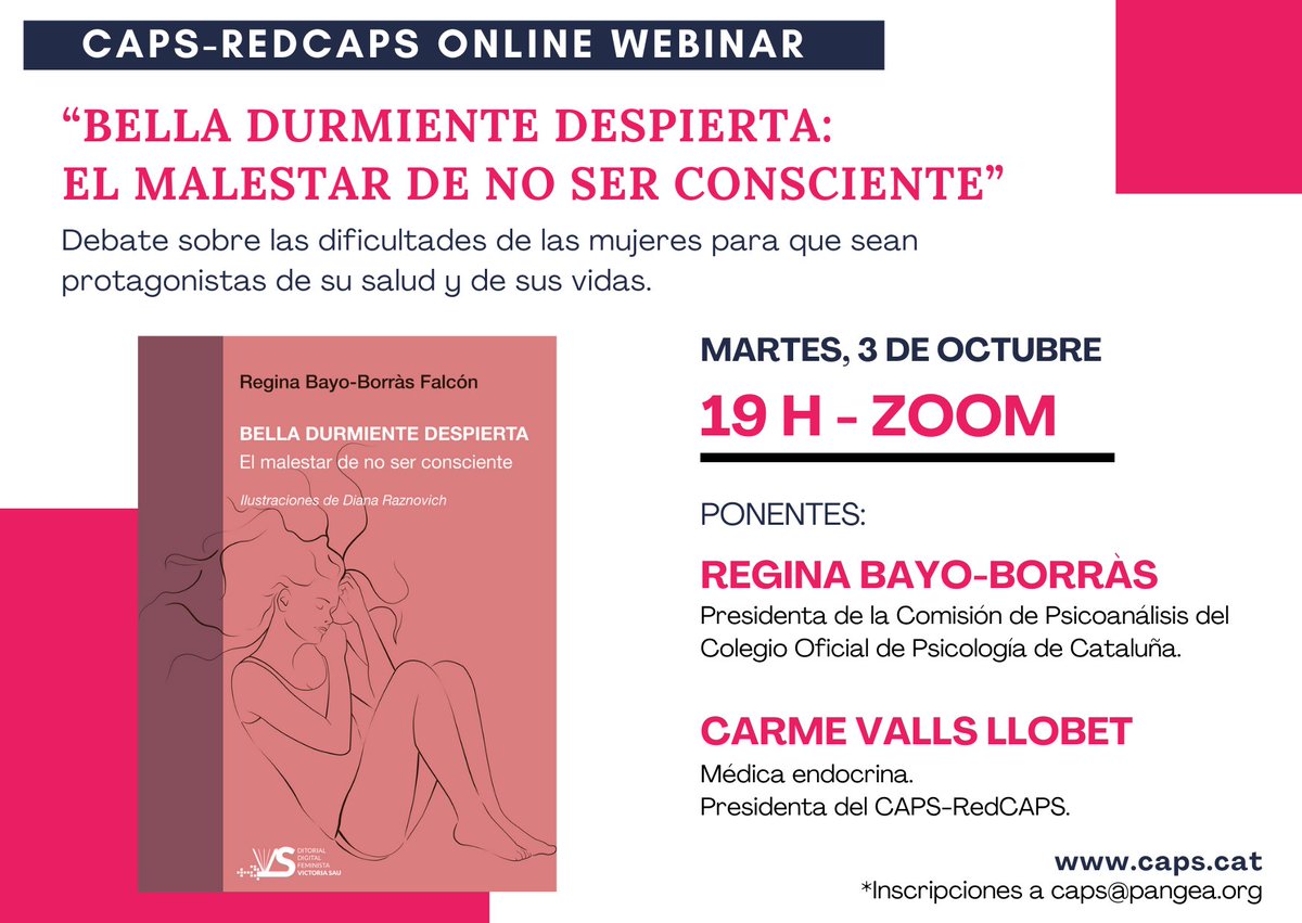 Caps_RedCaps's tweet photo. 📢💻WEBINAR - Bella Durmiente Despierta: el malestar de no ser consciente 🤷🏻‍♀️

🗓️ Martes 3/10
🕐19h
🌐Zoom

Contaremos con Regina Bayo-Borràs, escritora del libro y Carme Valls, presidenta de @Caps_RedCaps 

ℹ️ Inscríbete rellenando el formulario: https://t.co/uKZtO75zRP https://t.co/eUgIPetWET