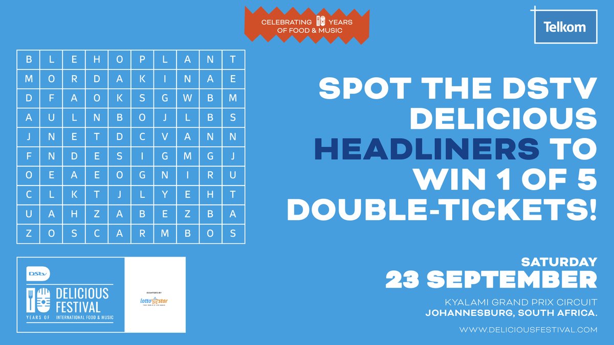 Crank up the fun at the #DSTVDeliciousFestival 2023! Spot one of the headliners and you might score BIG with 1 of 5 DOUBLE TICKETS! 🎫🤩 Take a screenshot and share using #DSTVDeliciousFestival and #ShowUpBigWithTelkom T&Cs apply tlkm.link/dstvdeliciousc…