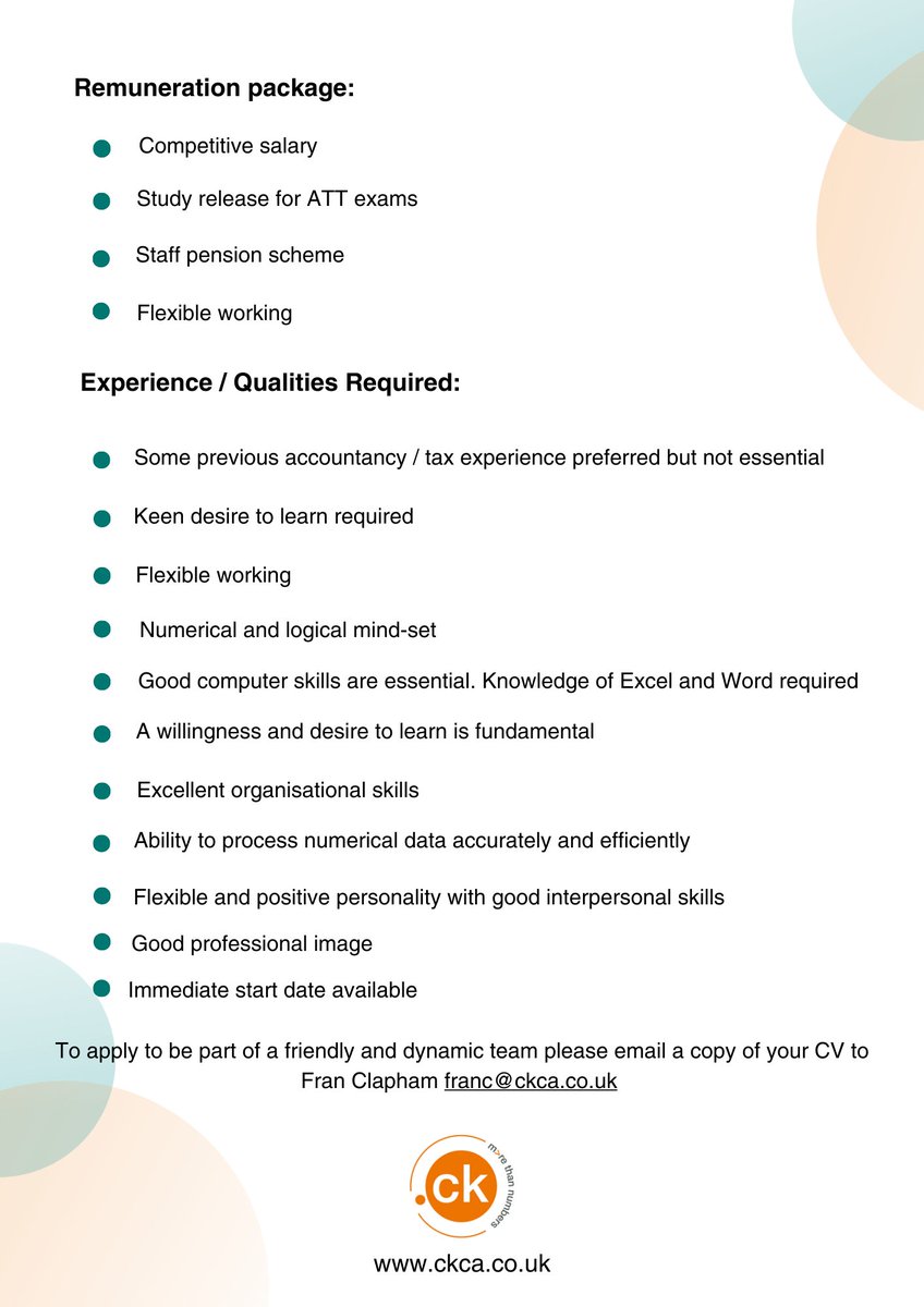 We are hiring! We have a position for a Trainee Tax Assistant. Further details of the role can be found below. To apply, please send your CV to Fran Clapham, franc@ckca.co.uk #hiring #accountants #tax