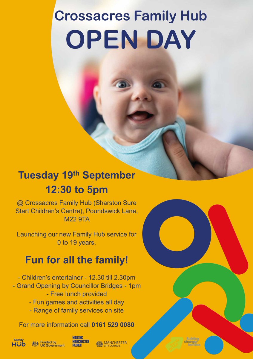 ✔️Crossacres Family Hub is holding an opening day to launch a new hub service for 0-19 years.✔️

A range of family services will be available to offer advice, along with fun activities for all the family.

#wythenshawe