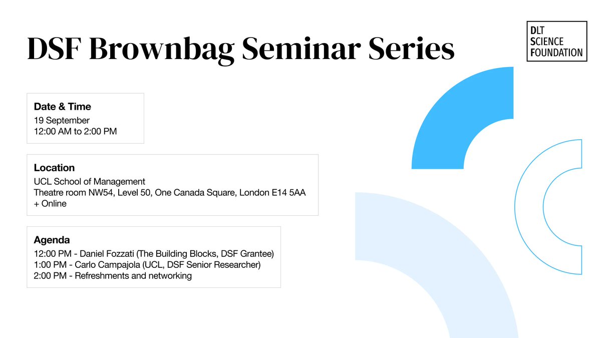 Exponential_Sci's tweet image. 🔔 TOMORROW: DSF 3rd Brownbag Seminar!
12PM: DLT with @FuzzyDaniel
1PM: Eclipse attacks w/ @Campa_91
📍UCL or Zoom. 👉🏼 buff.ly/3sxiK0I
#BlockchainResearch #Crypto