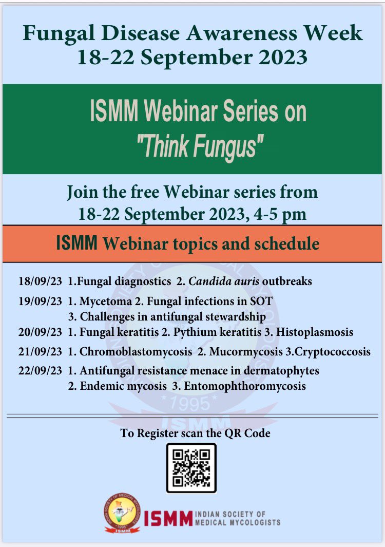 Fungal disease Awareness week begins. Do join us to know updates about myriad of fungal diseases. ISMM FDAW kick starts today at 4pm. >Dr Jayanthi Savio- Fungal Diagnostics > @drgagandeepdr - C. auris outbreaks and mgmt @ISHAM_Mycology @CDCgov @mrshivaprakash