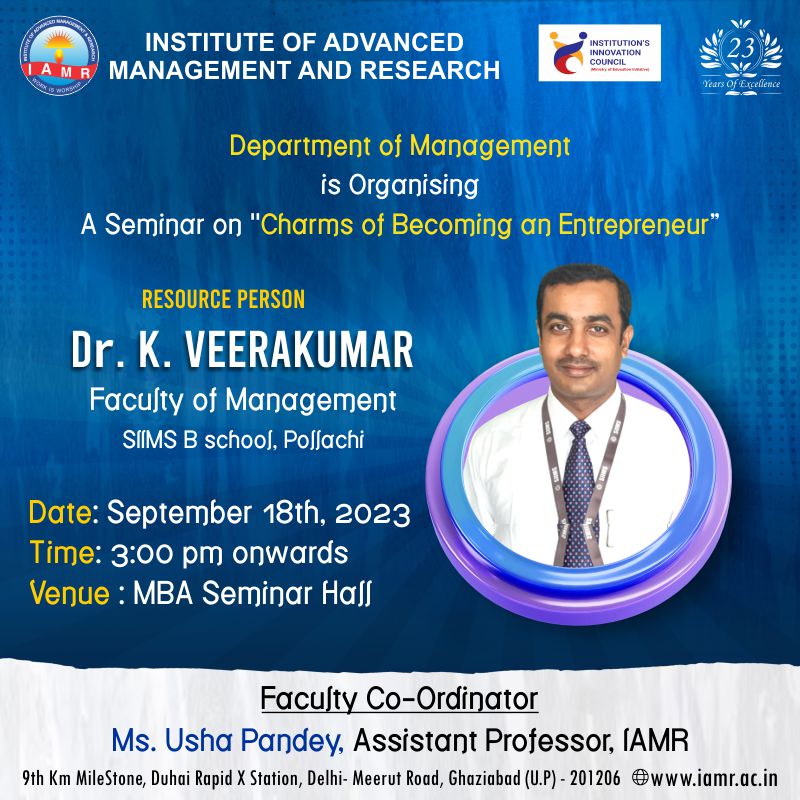 IAMR_Group's tweet photo. Today, as part of the IIC initiative, the Management Department is delighted to announce a virtual seminar titled "Charms of Becoming an Entrepreneur." 

#iamr #iic #management #colleges #seminar #entrepreneur #student #faculty #Faculties #iicinitiative https://t.co/pjErm4jdLt