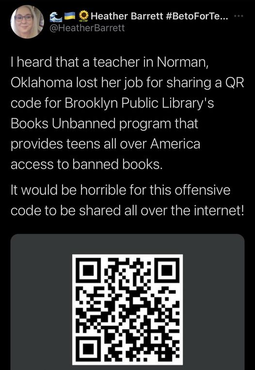 AuntyAlias's tweet photo. Share this. As books are banned this QR code enables young people to borrow books from the Brooklyn Public Library. https://t.co/8dZX9hpUNr