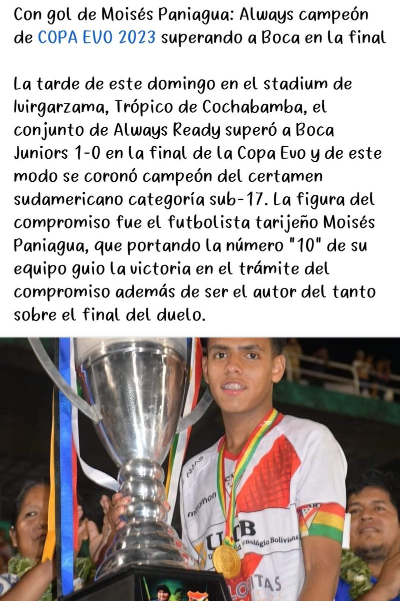 PatitaGastineZ's tweet photo. Sin duda alguna la #CopaEvo2023 há elevado el nivel competitivo del fútbol nacional sub-17, en esta Version clasificaron a última Instancia más equipos nacionales de los cuales el campeón fue Always Ready.
Por más #CopaEvo para el internacionalismo deportivo. https://t.co/UL5aSkxpko