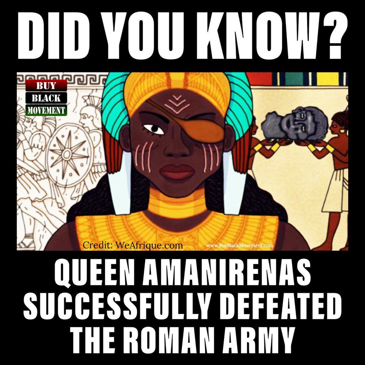 buyblackmovemnt's tweet image. Did you know? Amanirenes was a Black Queen of Ancient Kush (Nubia), also called a Kendake. She was known as an INCREDIBLY FIERCE, one-eyed woman who didn’t take any mess! (Full post here: instagram.com/p/CxUeCmTu_E4/…)

❤️🖤💚Brought to you by BuyBlackMovement.com

#blackfirst