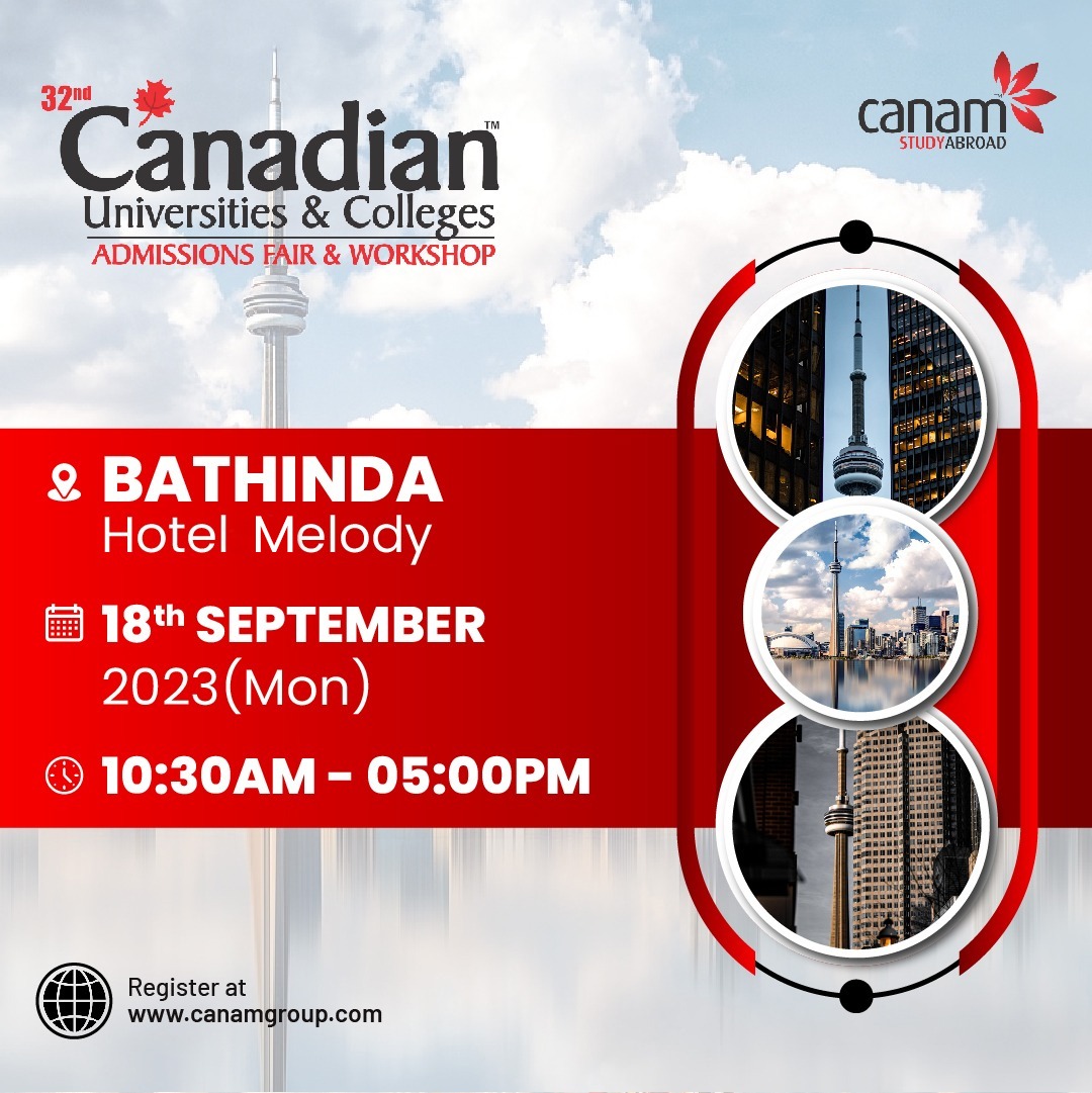 canamconsultant's tweet image. Now, prepare for a brighter future. Join us at the Canadian Universities &amp;amp; Colleges Admissions Fair &amp;amp; Workshop in Bathinda. Your international education adventure begins here!

Register Here - bit.ly/canada_educati… 

#HigherEdCanada #CollegeFair #FutureLeaders #studyincanada