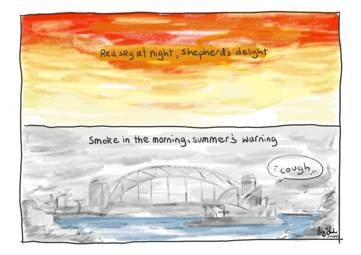 ivyhish's tweet photo. Australia is bracing for #bushfire season. 

Early Spring and Sydney is in the middle of a heatwave in temperatures over 30C, under a blanket of smoke from #backburning. 

It's hard not to to be concerned/worried about what is on the horizon. 

#AmDrawing https://t.co/eBBmU7yqIN