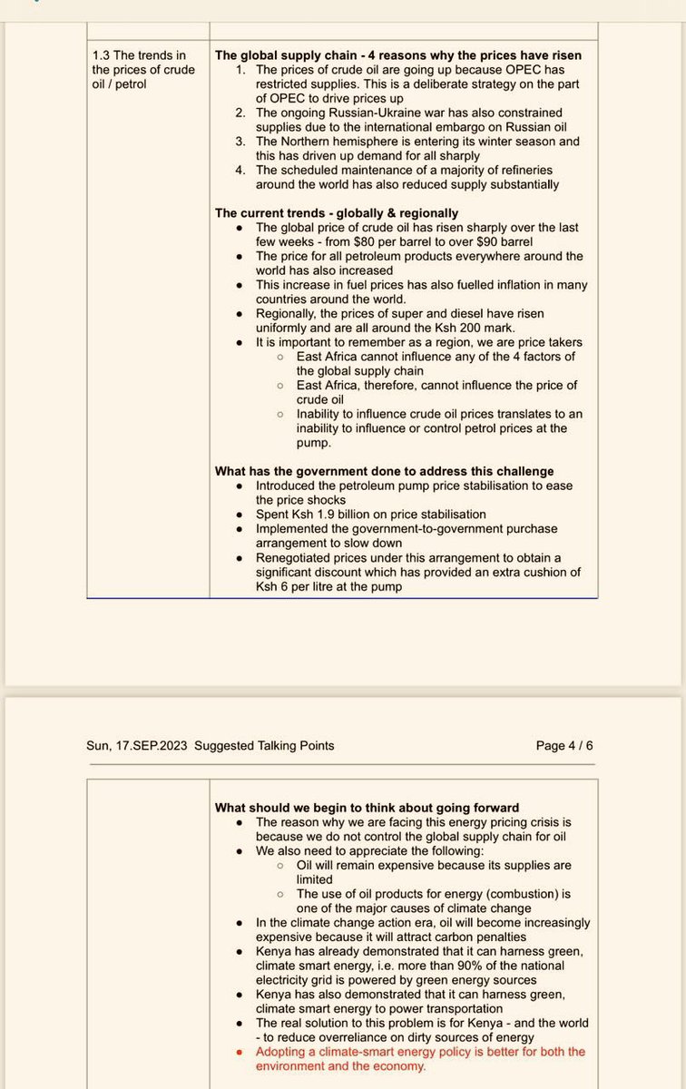 paulinenjoroge's tweet photo. I have extracted this from a document Itumbi has forwarded to their WhatsApp groups, to guide their MPs when going for media interviews. 

They say that the price of crude oil has risen to $90 dollars per barrel, that is why the cost of fuel is high in Kenya. They also raise the issue of the war in Ukraine. When they were demonizing Uhuru over fuel prices, wasn’t crude oil going for $114? And weren’t we at the height of the war in Ukraine? 

Back then, Itumbi himself wrote and said that the fuel prices had nothing to do with the war in Ukraine. Yet they now they want to introduce that angle as if Kenyans are f00ls. 

Anyway, mambo ni matatu

✅ The government got into a bad oil deal to benefit a few people
✅ Ruto doubled the tax on fuel 
✅ The government has been unable to control the fall of the ksh, which is even losing to the currencies of neighbouring countries.