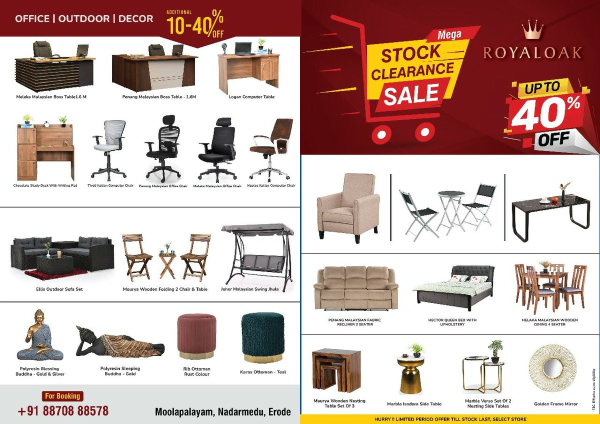 RoyaloakErode's tweet photo. #MEGA_STOCK_CLEARANCE_SALE 
Additional Discount upto 10% to 40%
Mega Discount Sale , Big OFFER Sale for Limited Days , Mega Stock Clearance Sale in #Royaloak_Furniture_Erode , Call &amp; WhatsApp : 8870 888 578
#royaloak #furniture #erode
#royaloakerode #ErodeDistrict
#furnitureshop https://t.co/yq5dJjzv57