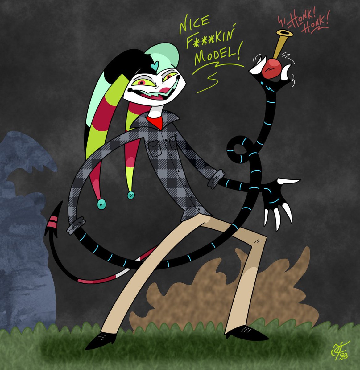 'You're workin' with a professional here!' 

Starting off #Spooktober2023 early with a mashup of two zany characters played by Alex Brightman 🎃😈🤡👻📯😏 #Fizzarolli #HelluvaBoss #HelluvaBossFizzarolli #Beetlejuice #TimBurton #fanart #charactermashup #MondayMashup #spookyfanart