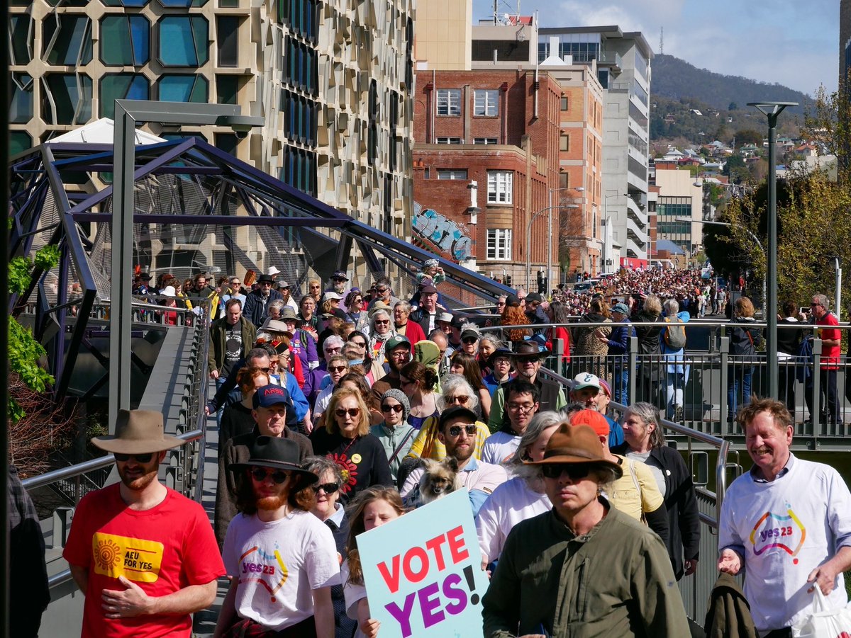 yes23au's tweet photo. A powerful day across Tasmania on Sunday as thousands gathered at Walk for Yes events!

Now is the time to continue the momentum of yesterday, and throw everything we've got at the campaign for a Voice. Head to https://t.co/gZ6UwIO9a4 now.

#yes23 https://t.co/xBoiw6uuMm
