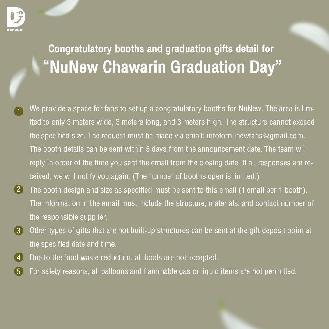 DomundiTV's tweet photo. NUNEW CHAWARIN GRADUATION DAY 🎓
You’re all invited ✨

🗓️ October 12,2023
⏰ 11 AM - 6 PM
📍 Activity Area in front of Thep Sat Sathit Building, Kasetsart University

แฟนคลับทุกคนสามารถเข้าพื้นที่ได้ตั้งแต่เวลา 12.00 น. โดยนุนิวจะเข้ามาพบกับทุกคนในเวลา 17.00 น. นะ���ะ✨

หมายเหตุ
- สามารถเข้าร่วมโดยไม่ต้องลงทะเบียน
- ขอความกรุณาไม่แปะป้าย หรือวา��สิ่งของเพื่อจองพื้นที่ หากทีมงานเห็นขออนุญาตเก็บทันที
- เนื่องด้วยสภาพอากาศ ขอให้ทุกคนพกร่มหรือพัดมาด้วย โดยทางทีมงานจะมีจุดบริการน้ำและผ้าเย็นแจก

All fans can enter the area starting at 12:00 PM. Nunew will meet everyone at 5:00 PM.✨

Note : 
- No registration for the event.
- Please do not stick paper/tape or place items to reserve a spot. If the staff sees it, they are allowed to collect it immediately.
- Due to the weather conditions, please bring umbrellas or fans with you. The staff will provide water and cold towels.

@CwrNew 
#NuNew
#domunditv