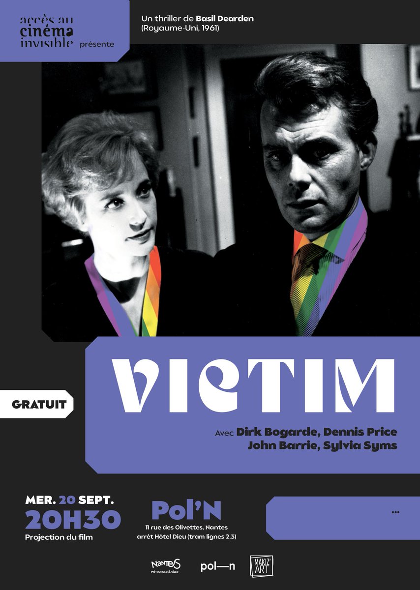 AlexThebaudeau's tweet photo. Ce mercredi 20/09 à 20h30 @AccCinInvisible projette l'excellent Victim, de Basil Dearden avec Dirk Bogarde à Pol'N à @nantesfr !
Gratuit et ouvert à tous et toutes ! https://t.co/grLNhdNzb1