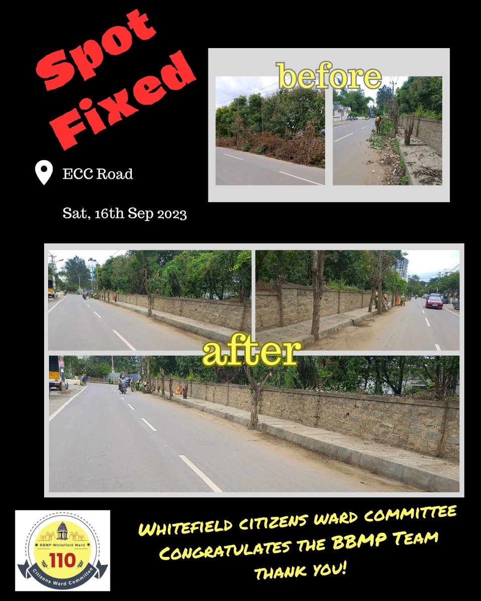 WhitefieldWards's tweet photo. @BBMPSplHealth @BBMPCOMM @BBMPAdmn @BBMPSWMSplComm @BbmpJc @SwmrtBengaluru @NammaWhitefield @WFRising #Spotfixed on ECC Road, on 16 Sep 2023. In response to a citizen's post in the Ward Committee Group. https://t.co/DF4jkGRE2H