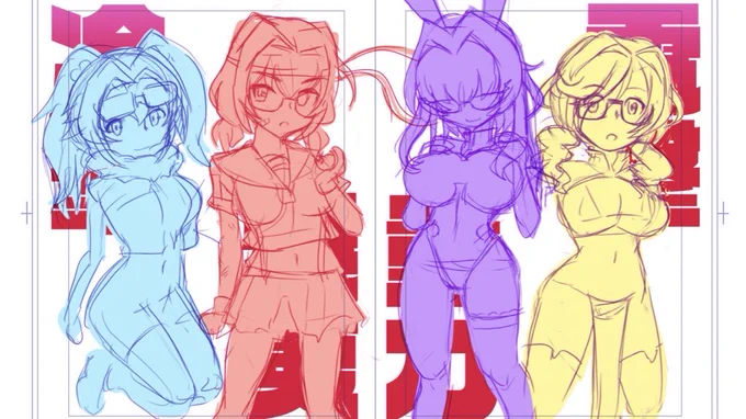 4属性絵伝ちゃんバリエ。もうちょっとデザイン詰めて描きあげたいですね。 