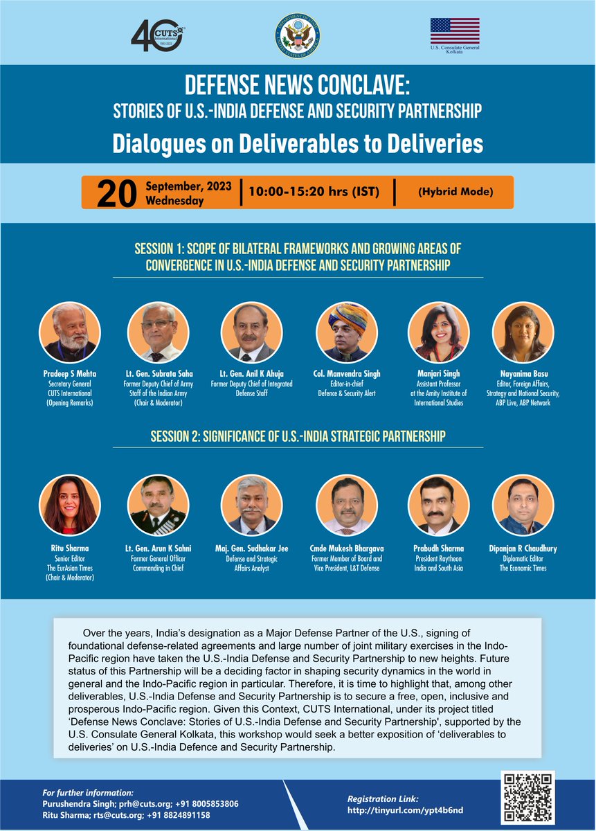 Hear Experts on Wednesday, September 20, 2023 at 1000 Hrs (IST) 

Dialogues on #US-#India Defense &amp; Security Partnership 

Register at: tinyurl.com/ypt4b6nd 
YouTube Streaming Link: tinyurl.com/yvu5m65e

<a href="/Psm_cuts/">Pradeep  S. Mehta</a>
<a href="/USAndKolkata/">U.S. Consulate Kolkata</a>
<a href="/LTGSubrataSaha/">Lt Gen Dr. Subrata Saha (Retd)</a>
@msingh_amity
<a href="/sudhakar_jee/">Maj Gen Sudhakar Jee, VSM (R)</a>