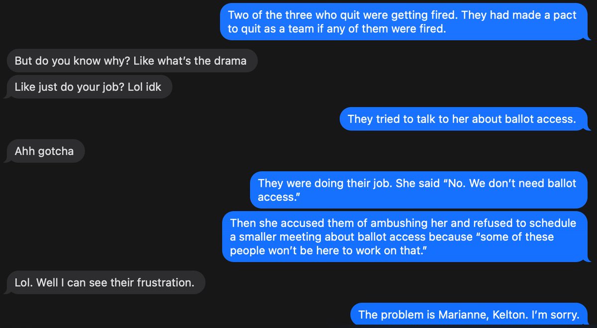 Tim (@timxoc) on Twitter photo These texts are 100% true AND provable. There is no defamation here, no lies about MARIANNE WILLIAMSON <a href="/marwilliamson/">Marianne Williamson</a>, no desire to impact her campaign outside of reasonable concern. The person I shared with in these texts, @KeltonTJJ / @ImPattiPolitics, is now campaign staff. These texts are 100% true AND provable. There is no defamation here, no lies about MARIANNE WILLIAMSON <a href="/marwilliamson/">Marianne Williamson</a>, no desire to impact her campaign outside of reasonable concern. The person I shared with in these texts, @KeltonTJJ / @ImPattiPolitics, is now campaign staff.