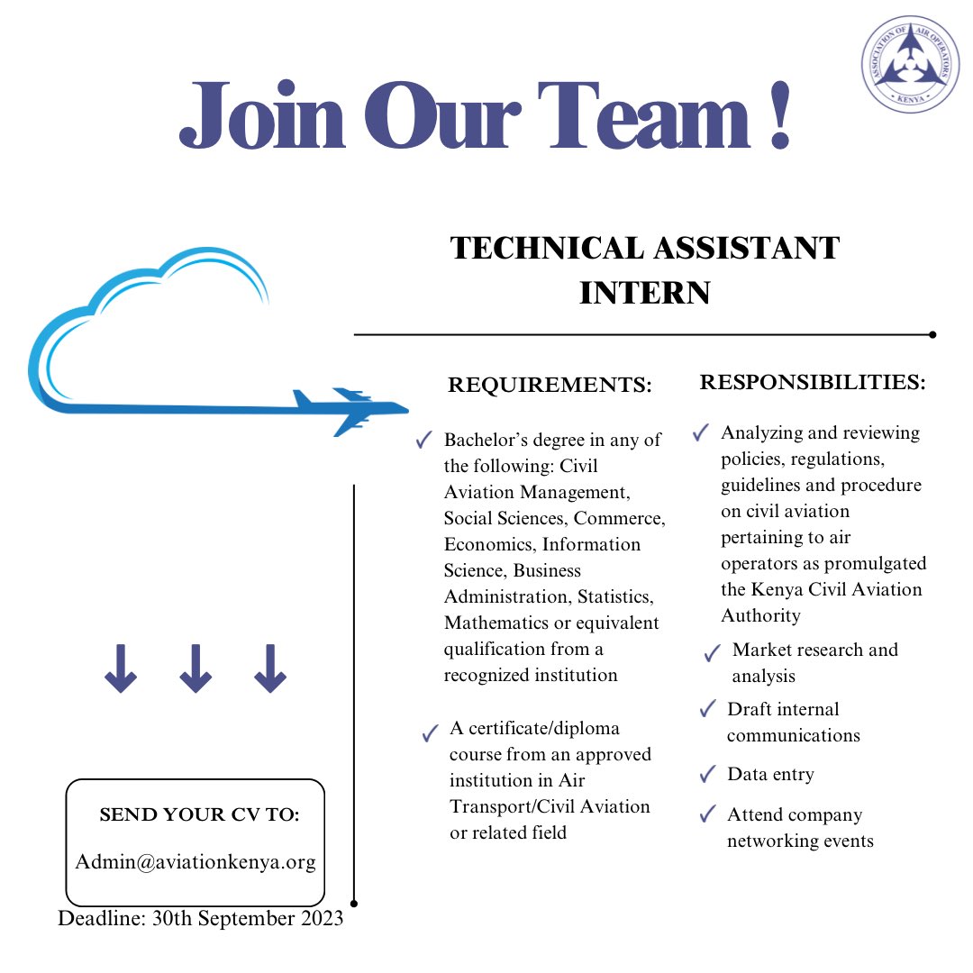 We are hiring! Come be part of our team @KenyaOperators 
Please share with anyone who might be interested in working with us.

#kenyaassociationofairoperators #advocacy #hiring #technicalassistant #intern #joinourteam #aviationindustry #kenya