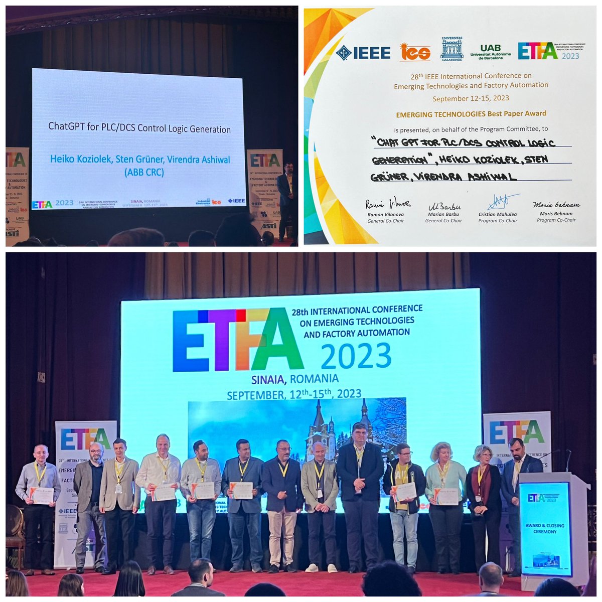 Very honored with Sten Grüner and Virendra Ashiwal from ABB to receive the Best Paper Award from IEEE ETFA 2023 for our paper „ChatGPT for PLC/DCS Control Logic Generation“. Paper for download: arxiv.org/abs/2305.15809 Prompts: github.com/hkoziolek/cont… #etfa2023