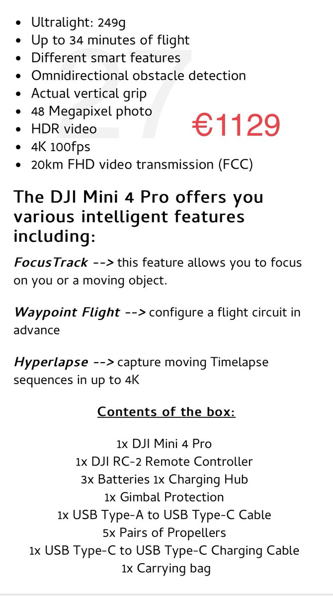 This is the first official shop picture of the #mini4pro leaked on differents webshops. It confirms the #flymorecombo with RC2 will costs 1129. I guess more leaks will follow soon. Cheers <a href="/OsitaLV/">OsitaLV</a> <a href="/DroneDJ/">DroneDJ</a> <a href="/DroneXL1/">DRONEXL.co</a> <a href="/DealsDrone/">航拍世家 打手</a> @KANZHAJI <a href="/Quadro_News/">Igor Bogdanov</a> @dronemodelismo <a href="/DronewatchNL/">Dronewatch</a>