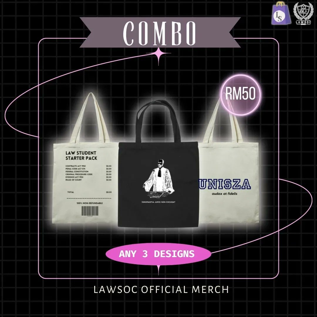 UniSZAlawsoc's tweet photo. [LEX STORE MERCHANDISE COMBO]

Hello Law-ve 🤍

Complete your look with a new style , add Lawsoc tote bags and T-shirts for more swag 🤟😎🤟

‼️Grab yours with COMBO prices ‼️ https://t.co/1ifCRQxOWd