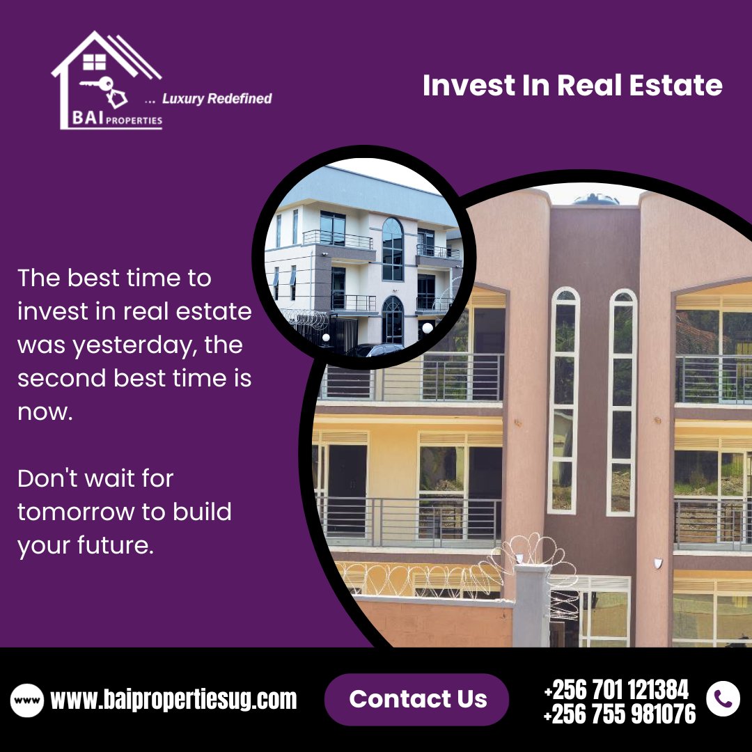 baipropertiesug's tweet photo. The best time to invest in real estate was yesterday, the second best time is now. 

Don't wait for tomorrow to build your future.

Invest in Real Estate with @baipropertiesug

Contact Us Today  +256701121384    |   +256755981076        https://t.co/NKVlRPKeUR 

#BaiProperties https://t.co/M8RpImugXo