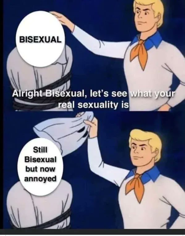 Shockingly, we are what we say we are.

#pridememes #pride2023 #bisexualpride #bisexualmemes #BisexualAwarenessWeek