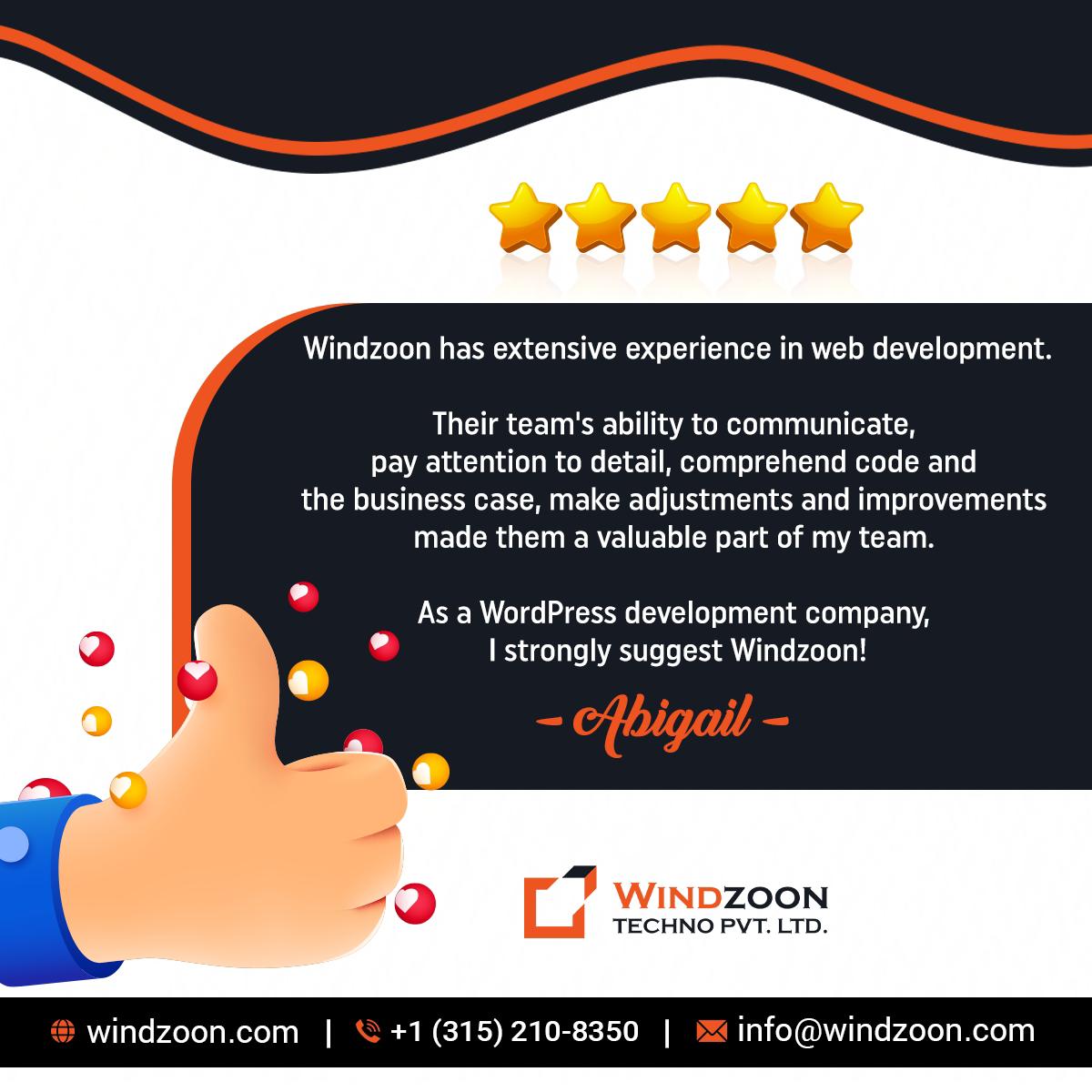 windzoon's tweet image. Thank you Abigail for your Lovely Feedback. 
We are glad you’ve found value in our service!

We’re thrilled to have such a happy client, let’s continue to achieve great things together! 

#Windzoon #WordPress #WordPressDevelopmentCompany #WordPressDeveloper #webdevelopmentagency